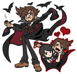 Rule 34 | 1boy, 1girl, :d, absurdres, bat (animal), beard, black eyes, black hair, bow, bowtie, brown eyes, brown hair, coat, coat on shoulders, facial hair, fangs, formal, goatee, guilty gear, guilty gear strive, heart, highres, holding, holding smoking pipe, male focus, monocle, mustache, necktie, open mouth, red necktie, sach56000, sharon (guilty gear), simple background, single blush sticker, slayer (guilty gear), smile, smirk, smoking pipe, spiked hair, suit, teeth, upper teeth only, vampire, white background, white bow, white bowtie
