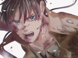 Rule 34 | 1boy, blood, blood on face, blue eyes, brown hair, brown jacket, bruise, bruise on face, commentary request, eren yeager, injury, jacket, male focus, open mouth, serious, shingeki no kyojin, solo, sword, twitter username, weapon, yanase 814