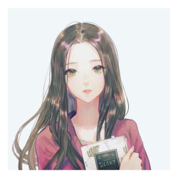 Rule 34 | 1girl, book, brown hair, commentary request, diary, eyelashes, forehead, green eyes, grey background, holding, holding book, long hair, original, parted bangs, red shirt, say hana, shirt, simple background, solo