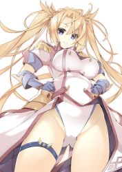 Rule 34 | 1girl, blonde hair, blue eyes, bradamante (fate), bradamante (second ascension) (fate), braid, breasts, elbow gloves, epaulettes, fate/grand order, fate (series), gloves, hands on own hips, leotard, long hair, looking at viewer, medium breasts, sasakura, smile, solo, twintails, very long hair