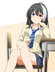 Rule 34 | 1boy, absurdres, arm support, bare legs, beige background, bellezza felutia, black hair, blue eyes, blue necktie, blue skirt, blush, breasts, cellphone, chair, closed mouth, collarbone, commentary, crossdressing, crossed legs, diagonal stripes, felutiahime, frown, hair between eyes, heterochromia, highres, holding, holding phone, long hair, long sleeves, looking at viewer, male focus, miniskirt, multicolored hair, necktie, original, phone, pleated skirt, red eyes, school uniform, shirt, simple background, sitting, skirt, smartphone, solo, striped necktie, striped neckwear, sweatdrop, table, trap, two-tone hair, white background, white hair, white shirt