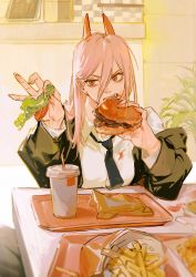 Rule 34 | + +, 1girl, absurdres, argentum 1121, black jacket, black necktie, black pants, breasts, burger, business suit, chainsaw man, collared shirt, cross-shaped pupils, crosshair pupils, cup, demon horns, disposable cup, drinking straw, eating, elbows on table, facing viewer, fast food, fingernails, food, formal, french fries, hair behind ear, hair between eyes, highres, holding, holding food, horns, jacket, ketchup, lettuce, long hair, long sleeves, medium breasts, necktie, off shoulder, pants, pink hair, plate, pov, pov across table, power (chainsaw man), red eyes, red horns, restaurant, sharp fingernails, sharp teeth, shirt, sitting, solo, stained clothes, suit, symbol-shaped pupils, table, teeth, tomato, white shirt