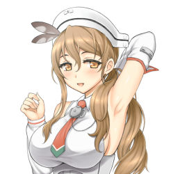 Rule 34 | 10s, 1girl, armpits, breasts, brown hair, detached sleeves, female focus, hat, kantai collection, lang (chikage36), large breasts, littorio (kancolle), long hair, looking at viewer, necktie, open mouth, ponytail, solo