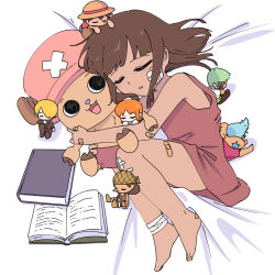 Rule 34 | 2girls, 6+boys, aged down, back-to-back, bandages, bandaid, bandaid on face, bandaid on hand, bandaid on knee, bandaid on leg, bandaid on thigh, bare arms, bare legs, bed sheet, blunt bangs, book, brown hair, chibi, closed eyes, dark-skinned female, dark skin, dress, female focus, franky (one piece), from above, full body, hair spread out, highres, hug, looking at another, looking to the side, lying, medium hair, monkey d. luffy, multiple boys, multiple girls, nami (one piece), nico robin, on side, one piece, open book, parted lips, roronoa zoro, sanji (one piece), sleeping, sleeveless, sleeveless dress, solo focus, tearing up, time paradox, tony tony chopper, usopp, white background, yukina megumi