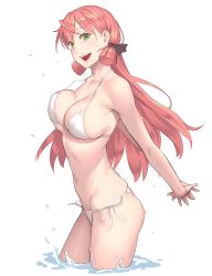 Rule 34 | 1girl, :d, akashi (kancolle), arms behind back, bad id, bad twitter id, bikini, black ribbon, breasts, cleavage, from side, green eyes, hair ribbon, halterneck, highres, kantai collection, large breasts, long hair, looking at viewer, navel, open mouth, own hands together, partially submerged, pink hair, ribbon, side-tie bikini bottom, simple background, smile, solo, string bikini, swimsuit, teeth, thighs, tress ribbon, upper teeth only, wading, water, wet, white background, white bikini, yuuji (and)