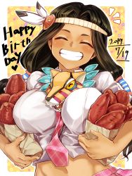 Rule 34 | 1girl, :d, blush, brown hair, cropped shirt, dated, facing viewer, feather hair ornament, feathers, food, grin, hair ornament, hair tubes, headband, highres, holding, komota (kanyou shoujo), long hair, looking at viewer, mask, mask around neck, matsuri (senran kagura), navel, necktie, notice lines, open mouth, pink necktie, pink skirt, senran kagura, senran kagura new wave, shirt, skirt, smile, solo, sweet potato, white shirt