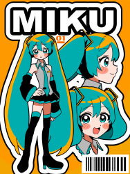 Rule 34 | 1girl, absurdres, aqua eyes, aqua hair, barcode, bare shoulders, blue eyes, blue hair, blush, boots, character name, detached sleeves, hair ornament, halftone, hand on own hip, hatsune miku, high heel boots, high heels, highres, long hair, looking at viewer, multiple girls, necktie, open mouth, orange background, shirt, skirt, smile, sugarmonaka, thighhighs, twintails, very long hair, vocaloid