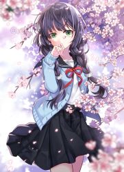 Rule 34 | 1girl, black hair, black sailor collar, black skirt, blue cardigan, blurry, blurry background, blurry foreground, braid, branch, cardigan, cherry blossoms, collarbone, commentary request, covered mouth, crying, crying with eyes open, depth of field, flower, green eyes, hair flower, hair ornament, hand up, highres, long hair, long sleeves, neck ribbon, nekozuki yuki, open cardigan, open clothes, original, pink flower, pleated skirt, red ribbon, ribbon, sailor collar, school uniform, serafuku, shirt, skirt, sleeves past wrists, solo, tears, twin braids, twintails, twitter username, very long hair, white flower, white shirt