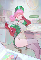 Rule 34 | 1girl, bed, book, bottle, breasts, crossed legs, desk, desk lamp, gloves, hat, highres, infirmary, jar, lamp, large breasts, latex, latex gloves, latex legwear, latex top, looking at viewer, nurse, nurse cap, original, pink eyes, pink hair, see-through, shiny clothes, sitting, smile, solo, stethoscope, timbougami