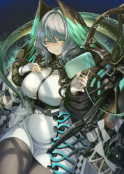 Rule 34 | 1girl, aqua nails, arknights, black pantyhose, breasts, closed mouth, coat, covered navel, dress, fingerless gloves, fingernails, gloves, green eyes, grey hair, hand on own chest, head wings, highres, ho&#039;olheyak (arknights), large breasts, long fingernails, looking at viewer, nail polish, open clothes, open coat, pantyhose, short hair, sitting, smile, solo, takechi akinobu, wariza, white coat, white dress, white gloves, wings