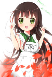 Rule 34 | 1girl, absurdres, adapted costume, ama usa an uniform, apron, arms up, bad id, bad pixiv id, blush, breasts, brown hair, clothing cutout, commentary request, cowboy shot, english text, gochuumon wa usagi desu ka?, green eyes, green kimono, happy birthday, highres, japanese clothes, kimono, long hair, looking at viewer, medium breasts, mottsun (i 40y), open mouth, petals, side cutout, sideboob, sleeveless, smile, solo, standing, striped clothes, striped kimono, ujimatsu chiya, vertical-striped clothes, vertical-striped kimono, very long hair, white apron, white background
