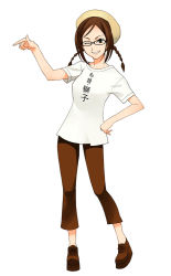 Rule 34 | 1girl, ;), a1 (initial-g), beret, braid, brown hair, clothes writing, full body, glasses, hat, loafers, looking at viewer, one eye closed, original, pants, platform footwear, pointing, shirt, shoes, short hair, short sleeves, simple background, smile, solo, standing, twin braids, white background, white shirt, wink