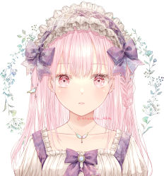 Rule 34 | 1girl, akasaka asa, bow, bowtie, braid, collarbone, hair bow, highres, jewelry, long hair, looking at viewer, maid headdress, necklace, original, parted lips, pink eyes, pink hair, portrait, purple bow, purple bowtie, solo, twitter username