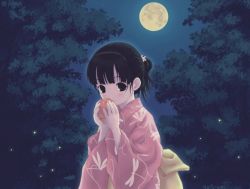 Rule 34 | 1girl, amami mikihiro, black eyes, black hair, blush, eating, fireflies, full moon, japanese clothes, kimono, moon, original, outdoors, ponytail, solo, yukata