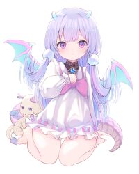 Rule 34 | 1girl, arm support, bare legs, barefoot, brooch, child, commentary request, dragon girl, dragon horns, dragon tail, dragon wings, dress, frown, full body, highres, horns, jewelry, long hair, looking at viewer, marekamico, original, purple eyes, purple hair, simple background, stuffed animal, stuffed dragon, stuffed toy, tail, white background, white dress, wings