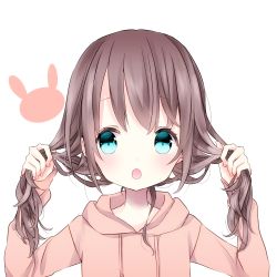 Rule 34 | 1girl, :o, blue eyes, blush, brown hair, brown hoodie, bunching hair, commentary request, drawstring, fingernails, hair between eyes, highres, holding, holding own hair, hood, hood down, hoodie, long hair, long sleeves, looking at viewer, open mouth, original, solo, twintails, white background, zantei hanako