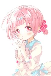 Rule 34 | 1girl, :t, absurdres, bad id, bad pixiv id, blue sailor collar, blush, closed mouth, copyright request, dress, fuyusuke (hz+), hair ornament, hair scrunchie, hairclip, hands up, heart, highres, interlocked fingers, long sleeves, looking at viewer, pink eyes, pink hair, pink scrunchie, polka dot, polka dot scrunchie, ponytail, pout, puffy long sleeves, puffy sleeves, sailor collar, sailor dress, scrunchie, simple background, solo, white background, white dress