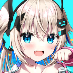 Rule 34 | 1girl, :d, animal ear headphones, animal ears, blonde hair, blue background, blue eyes, blue hair, blush, bow, cat ear headphones, cat hair ornament, collarbone, commentary request, fake animal ears, fang, glowing, hair between eyes, hair ornament, hairclip, hand up, headphones, highres, indie virtual youtuber, long hair, long sleeves, looking at viewer, multicolored hair, open mouth, portrait, signature, sleeves past wrists, smile, solo, star (symbol), two-tone hair, uchuuneko, uchuuneko (vtuber), virtual youtuber, white bow