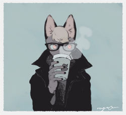 Rule 34 | 1boy, animal crossing, animal ears, black-framed eyewear, black coat, black nails, blonde hair, blue background, body fur, cat boy, cat ears, coat, cup, drink, drinking, furry, furry male, glasses, grey fur, hand up, high collar, highres, holding, holding cup, holding drink, long sleeves, looking to the side, male focus, nagabe, nail polish, nintendo, original, pink eyes, raymond (animal crossing), signature, solo, steam, upper body