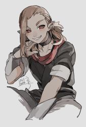 Rule 34 | 1boy, black choker, brown hair, choker, dated, drruraguchi, grey background, hand up, highres, luozhu (the legend of luoxiaohei), parted lips, red eyes, short sleeves, simple background, smile, solo, luo xiaohei zhanji