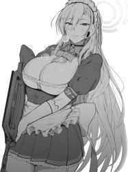 Rule 34 | 1girl, anegawa eiji, asuna (blue archive), blue archive, breasts, greyscale, gun, highres, large breasts, mole, mole on breast, monochrome, solo, sweat, thighs, weapon