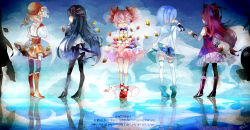 Rule 34 | 10s, 5girls, akemi homura, blue theme, closed eyes, different reflection, from behind, isa (suisuihoi), kaname madoka, kyubey, magical girl, mahou shoujo madoka magica, mahou shoujo madoka magica (anime), miki sayaka, multiple girls, pantyhose, reflection, sakura kyoko, shoes, smile, soul gem, spoilers, standing, striped clothes, striped legwear, striped thighhighs, tears, thighhighs, tomoe mami, vertical-striped clothes, vertical-striped legwear, vertical-striped thighhighs