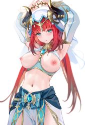 Rule 34 | 1girl, absurdres, armpits, arms up, bare shoulders, blue eyes, blush, breasts, crop top, detached sleeves, forehead jewel, genshin impact, harem outfit, highres, horns, jewelry, large breasts, long hair, long sleeves, looking at viewer, midriff, navel, nilou (genshin impact), nipples, parted lips, red hair, skirt, solo, stomach, twintails, veil, white background, yamiiv