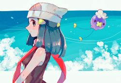 Rule 34 | 1girl, bare arms, beanie, black hair, closed mouth, cloud, commentary request, creatures (company), dawn (pokemon), drifloon, flying, from side, game freak, gen 4 pokemon, hair ornament, hairclip, hanenbo, hat, highres, long hair, looking at viewer, nintendo, pokemon, pokemon (creature), pokemon dppt, red scarf, scarf, sidelocks, sleeveless, smile, white headwear