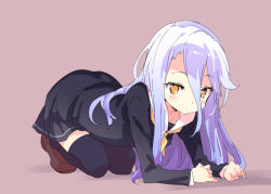 Rule 34 | 1girl, all fours, black serafuku, black shirt, black skirt, black thighhighs, blue hair, brown footwear, full body, gradient hair, hair between eyes, loafers, long hair, looking at viewer, miniskirt, multicolored hair, neckerchief, no game no life, petenshi (dr. vermilion), pleated skirt, sailor collar, school uniform, serafuku, shiro (no game no life), shirt, shoes, simple background, sketch, skirt, solo, thighhighs, very long hair, white hair, white sailor collar, yellow eyes, yellow neckerchief, zettai ryouiki