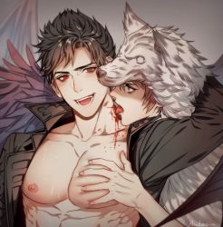 Rule 34 | 2boys, abs, anderain, bare pectorals, bat wings, belial (granblue fantasy), black hair, blood, blush, character request, demon wings, feather boa, grabbing, granblue fantasy, highres, jacket, licking, licking another&#039;s neck, male focus, multiple boys, nipples, open clothes, open jacket, pectoral grab, pectorals, short hair, smile, toned, toned male, wings, wolf hood, yaoi