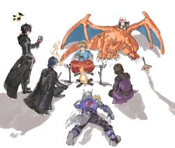 Rule 34 | 1girl, 1other, 5boys, amamiya ren, animal ears, black gloves, black hair, blonde hair, blue hair, brown eyes, brown hair, byleth (fire emblem), byleth (male) (fire emblem), cape, charizard, claws, cooking, creature, creatures (company), dragon, dragon quest, dragon quest xi, drooling, fire, fire emblem, fire emblem: three houses, food, fork, game freak, gen 1 pokemon, gloves, green (pokemon), hat, hero (dq11), highres, holding, holding knife, jacket, knife, link, long coat, mask, meat, multiple boys, musical note, nintendo, open mouth, persona, persona 5, phone, pointy ears, pokemon, pokemon (creature), red gloves, saliva, shadow, simple background, star fox, super smash bros., sword, tail, the legend of zelda, the legend of zelda: breath of the wild, weapon, white background, wings, wolf ears, wolf o&#039;donnell, wolf tail, yourfreakyneighbourh