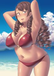 Rule 34 | 1girl, armpits, arms behind head, artist request, belly, bikini, blush, breasts, brown hair, cleavage, curvy, drill hair, highres, large breasts, leaning forward, long hair, looking at viewer, navel, original, plump, purple eyes, ryokucha michi, sanpaku, smile, solo, standing, swimsuit