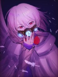 Rule 34 | bow, bowtie, covering own mouth, dark, feathers, glowing, hand on lip, hand over own mouth, hand to own mouth, hand up, highres, kishin sagume, looking at viewer, mask, mouth mask, one-hour drawing challenge, panpi, red eyes, short hair, single wing, touhou, touhou lostword, white hair, wings