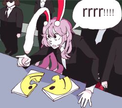 Rule 34 | 1girl, animal ears, black eyes, black jacket, blazer, collared shirt, commentary, english commentary, english text, formal, hand on table, headhonchkrow, highres, jacket, jigsaw puzzle, joe biden, long hair, long sleeves, meme, ok smart guy! let&#039;s see you take a crack at it! (meme), open mouth, people, photo-referenced, pointing, purple hair, puzzle, puzzle piece, rabbit ears, rabbit girl, red skirt, reisen udongein inaba, shirt, skirt, solo focus, speech bubble, standing, table, touhou, very long hair, white shirt