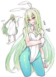 Rule 34 | androgynous, anger vein, animal ears, aqua pantyhose, arrow (symbol), blue eyes, blush, breasts, cleavage, clenched teeth, cropped legs, detached collar, enkidu (fate), fake animal ears, fate/grand order, fate (series), full body, green hair, groin, hair between eyes, hand on own arm, haoro, highres, leotard, long hair, multiple views, nontraditional playboy bunny, pantyhose, purple eyes, rabbit ears, robe, sidelocks, signature, simple background, smile, strapless, strapless leotard, teeth, very long hair, white background, white leotard, white robe, white wrist cuffs, wrist cuffs