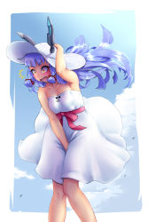 Rule 34 | 10s, 1girl, alternate costume, alternate hair color, arm up, bare shoulders, between legs, blue hair, blue sky, blush, clothes lift, cloud, collarbone, day, dress, dress lift, eyebrows, hair ribbon, hand between legs, hand on headwear, hat, headgear, highres, kantai collection, knees together feet apart, long hair, murakumo (kancolle), open mouth, orange eyes, red ribbon, ribbon, sidelocks, simple background, sky, sleeveless, sleeveless dress, solo, strapless, strapless dress, sun hat, surprised, teatime (mike), tress ribbon, white dress, white hat, wind, wind lift, yellow eyes
