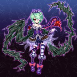 Rule 34 | 1girl, alternate costume, antennae, arthropod girl, black cape, boots, bow, breasts, bug, cape, centipede, cleavage, collar, crown, dress, facing viewer, footwear bow, frills, full body, fur trim, goth fashion, gothic lolita, green hair, highres, lolita fashion, looking at viewer, madara inosuke, princess wriggle, purple footwear, red eyes, short hair, striped clothes, striped thighhighs, thighhighs, touhou, wings, wriggle nightbug