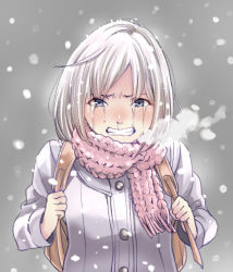 Rule 34 | 1girl, angry, backpack, bag, blue eyes, blush, breath, clenched hand, clenched teeth, coat, crying, crying with eyes open, looking at viewer, original, sakayama shinta, scarf, short hair, silver hair, snot, snow, solo, tears, teeth