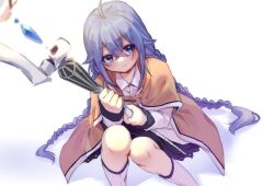Rule 34 | ahoge, blue eyes, blue hair, boots, braid, cloak, hair between eyes, highres, holding, holding staff, knees, looking at viewer, looking up, mushoku tensei, roxy migurdia, shirt, simple background, sitting, staff, twin braids, twintails, wand, white background, white shirt