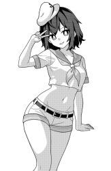 Rule 34 | 1girl, :d, bright pupils, collarbone, commentary, greyscale, groin, hat, looking at viewer, midriff, monochrome, murasa minamitsu, navel, neckerchief, onkn sxkn, open mouth, sailor, sailor hat, short hair, short shorts, short sleeves, shorts, simple background, smile, solo, touhou, v