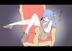 Rule 34 | 1girl, absurdres, asari nanami, blue eyes, brown dress, chair, closed eyes, commentary request, dress, drooling, fish hair ornament, gradient background, hair ornament, highres, idolmaster, idolmaster cinderella girls, letterboxed, loafers, long bangs, long hair, shoes, single hair ring, socks, solo, uraya nagi, white socks, zzz