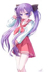 Rule 34 | 1girl, absurdres, black ribbon, blush, closed mouth, commentary request, hair ribbon, highres, hiiragi kagami, holding, holding hair, kuna gisa, long hair, long sleeves, looking at viewer, lucky star, midriff peek, neckerchief, purple eyes, purple hair, red neckerchief, red sailor collar, red skirt, ribbon, ryouou school uniform, sailor collar, school uniform, serafuku, signature, skirt, solo, twintails