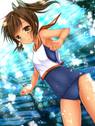 Rule 34 | 10s, 1girl, asazuki kanai, bare shoulders, brown eyes, brown hair, i-401 (kancolle), kantai collection, looking at viewer, one-piece swimsuit, personification, ponytail, sailor collar, school swimsuit, school uniform, short hair, short ponytail, smile, solo, swimsuit, tan