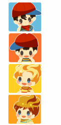 Rule 34 | 4boys, bandana, bandana around neck, black hair, blonde hair, blush stickers, brown hair, chibi, claus (mother 3), hand on own face, hands on own face, highres, hitofutarai, looking down, looking up, lucas (mother 3), male focus, mother (game), mother 1, mother 2, mother 3, multiple boys, ness (mother 2), ninten, nintendo, open mouth, red bandana, red headwear, short hair, sideways hat, solid oval eyes