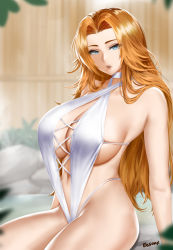 Rule 34 | 1girl, alternate costume, bleach, breasts, center opening, cleavage, cowboy shot, easonx, highres, huge breasts, long hair, matsumoto rangiku, mole, mole under mouth, navel, one-piece swimsuit, onsen, orange hair, outdoors, solo, swimsuit, white one-piece swimsuit