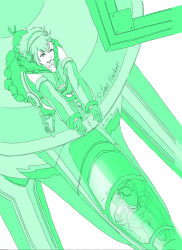 Rule 34 | 10s, 1girl, aircraft, airplane, ao (1226ao), chuck mustang, commentary request, fighter jet, flat chest, green theme, headphones, highres, jet, macross, macross delta, mecha, military, military vehicle, monochrome, music, radome, reina prowler, robot, short hair, simple background, singing, skirt, smile, spacecraft, variable fighter, vf-31, vf-31e, white background