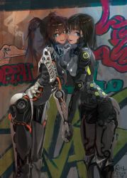 Rule 34 | 2girls, asymmetrical docking, attall, black hair, blue eyes, breast press, breasts, brown hair, cable, cigarette, cyborg, evil grin, evil smile, graffiti, green eyes, grin, holding hands, hexagon, highres, joints, long hair, looking at viewer, multiple girls, nanbo ataru (attall), neon trim, open mouth, original, plugsuit, robot joints, science fiction, sharp teeth, short hair, small breasts, smile, smoking, standing, symmetrical docking, teeth, twintails, wall