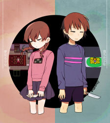 Rule 34 | 1boy, 1girl, arms at sides, bad id, bad pixiv id, braid, brown hair, chibi, closed mouth, cropped legs, crossover, closed eyes, frisk (undertale), hair tie, holding, holding knife, holding weapon, knife, light frown, long hair, long sleeves, madotsuki, miniskirt, pale skin, penguin haro, pink sweater, pleated skirt, purple shorts, purple skirt, purple sweater, short hair, shorts, skirt, sweater, trait connection, translation request, twin braids, twintails, two-tone background, undertale, weapon, yume nikki