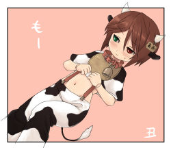 Rule 34 | 1girl, animal ears, animal print, bell, neck bell, bib, blush, brown hair, collar, cosplay, cow, cow ears, cow print, cow tail, doll joints, green eyes, heterochromia, horns, joints, kumashiro, midriff, navel, red eyes, rozen maiden, short hair, solo, souseiseki, tail