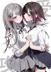 Rule 34 | 2girls, asymmetrical docking, black choker, black hairband, black nails, blue eyes, blue jacket, blue necktie, blue ribbon, blush, breast pocket, breast press, breasts, brown hair, button gap, chigusa minori, choker, clothes around waist, collared shirt, colored inner hair, commentary request, couple, cover, cover page, diagonal-striped clothes, diagonal-striped necktie, dress shirt, gradient nails, grey hair, grey skirt, hair behind ear, hair ornament, hairband, hairclip, highres, holding hands, hug, interlocked fingers, jacket, jacket around waist, large breasts, long hair, looking at viewer, manga cover, medium breasts, multicolored hair, multiple girls, nail polish, neck ribbon, necktie, official art, parted lips, pink hair, plaid, plaid skirt, pleated skirt, pocket, purple eyes, purple nails, ribbon, saotome shino (shino to ren), school uniform, shino to ren, shirayuki ren, shirt, shirt tucked in, short hair, sidelocks, simple background, skirt, striped clothes, sweatdrop, textless version, tongue, tongue out, white background, white shirt, yuri, zipper